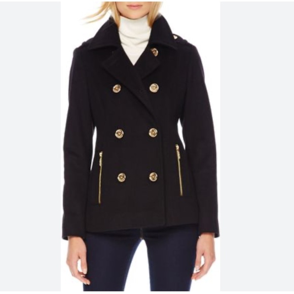 MICHAEL Michael Kors Black Wool Peacoat with Gold Details 6 - Picture 1 of 17